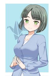 Rule 34 | 1girl, blue background, blue cardigan, blunt bangs, blunt ends, blush, border, breasts, cardigan, closed mouth, collarbone, commentary request, corocoro567, green eyes, green hair, highres, link! like! love live!, logo, long sleeves, looking at viewer, love live!, medium breasts, momose ginko, outside border, shirt, short hair, sleepwear, smile, solo, upper body, virtual youtuber, white border, white shirt