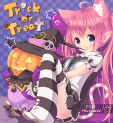 Rule 34 | 1girl, ahoge, animal ears, artist name, between legs, biting, boots, cat ears, cat tail, grin, halloween, hat, jack-o&#039;-lantern, jack (pso2), miriry, mouth hold, phantasy star, phantasy star online 2, pointy ears, rappy, sitting, smile, striped clothes, striped thighhighs, tail, thigh boots, thighhighs, twintails, witch hat, wonder treat