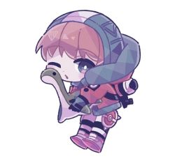 Rule 34 | 1girl, :o, animification, apex legends, blonde hair, blue eyes, blue headwear, blush, bodysuit, cfcult7825, chibi, holding, holding stuffed toy, hood, hooded jacket, jacket, looking at viewer, nessie (respawn), open mouth, orange jacket, solo, stuffed toy, wattson (apex legends), white background, white bodysuit