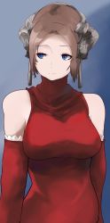 Rule 34 | 1girl, blue eyes, breasts, brown hair, closed mouth, detached sleeves, drag-on dragoon, drag-on dragoon 1, dress, elbow gloves, furiae, gloves, hair ornament, highres, large breasts, short hair, shousetsu, simple background, solo, turtleneck, turtleneck dress