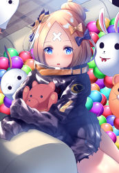 Rule 34 | 1girl, abigail williams (fate), abigail williams (traveling outfit) (fate), absurdres, ball, black bow, black headwear, black jacket, blonde hair, blue eyes, blush, bow, commentary request, couch, fate/grand order, fate (series), haggy, hair bow, hair bun, hat, highres, jacket, long hair, long sleeves, looking at viewer, medjed (fate), hugging object, official alternate costume, orange bow, panko (drive co), parted bangs, parted lips, polka dot, polka dot bow, single hair bun, sitting, sleeves past fingers, sleeves past wrists, solo focus, stuffed animal, stuffed toy, suisen-21, teddy bear