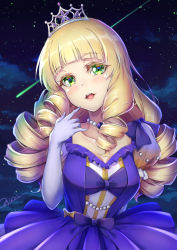 Rule 34 | 1girl, blonde hair, blue dress, blush, commentary request, dress, drill hair, elbow gloves, gloves, green eyes, heanna sumire, highres, jewelry, long hair, looking at viewer, love live!, love live! superstar!!, necklace, nonfiction!! (love live!), novady, open mouth, puffy short sleeves, puffy sleeves, purple gloves, short sleeves, solo, teeth, tiara, upper body, upper teeth only