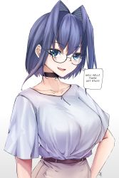 Rule 34 | 1girl, :d, absurdres, arms at sides, beige skirt, blue eyes, blue hair, breasts, choker, collarbone, commentary, english commentary, english text, eyelashes, fang, glasses, hair between eyes, hair intakes, hand on own hip, heart, heart collar, highres, hololive, hololive english, large breasts, looking at viewer, open mouth, ouro kronii, shirt, shirt tucked in, short hair, signature, simple background, smile, smug, solo, therrao, upper body, virtual youtuber, white background, white shirt