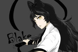 Rule 34 | 1girl, artist name, black bow, black hair, black ribbon, blake belladonna, bow, character name, cleaver, dated, english text, grey background, hair bow, hatchet, long hair, looking at viewer, looking to the side, nata (tool), night (ntnt0987), parted lips, reverse grip, ribbon, rwby, shirt, signature, simple background, solo, white shirt, yellow eyes