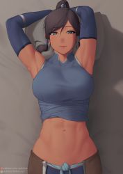 Rule 34 | 1girl, abs, armpits, arms up, avatar legends, blue eyes, breasts, brown hair, dark-skinned female, dark skin, elbow gloves, gloves, groin, hair tubes, high ponytail, highres, korra, large breasts, looking at viewer, lying, muscular, muscular female, navel, on back, pillow, putcher, sleeveless, solo, stomach, the legend of korra, toned