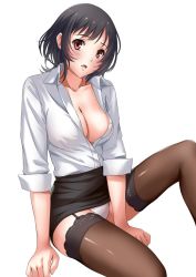 Rule 34 | 10s, 1girl, between legs, black hair, blush, breasts, brown thighhighs, cleavage, female focus, garter straps, hand between legs, jpeg artifacts, kantai collection, large breasts, looking at viewer, no bra, office lady, open clothes, open mouth, panties, pantyshot, pencil skirt, red eyes, sakiyamama, simple background, sitting, skirt, sleeves rolled up, solo, takao (kancolle), thighhighs, unbuttoned, underwear, white background, white panties