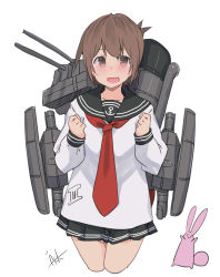 Rule 34 | 1girl, absurdres, black sailor collar, black skirt, blush, brown eyes, brown hair, cannon, commentary, cowboy shot, dated, highres, inazuma (kancolle), inica, kantai collection, long sleeves, machinery, necktie, open mouth, pleated skirt, rabbit, red necktie, sailor collar, school uniform, serafuku, shirt, short hair, signature, simple background, skirt, smile, smokestack, solo, torpedo launcher, turret, uniform, white background, white shirt