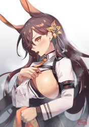 Rule 34 | 1girl, animal ears, azur lane, breasts, brown hair, character print, chikuma (azur lane), collared shirt, commentary request, earrings, flower, hair between eyes, hair flower, hair ornament, highres, holding, holding towel, jewelry, large breasts, long hair, long sleeves, looking at viewer, manjuu (azur lane), mole, mole under mouth, necktie, open mouth, orange eyes, orange necktie, print towel, rabbit ears, shimotsuki shio, shirt, sideboob, simple background, solo, steaming body, sweat, towel, upper body, white shirt