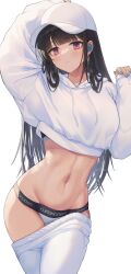 Rule 34 | 1girl, arm up, black hair, blue nails, blunt bangs, blush, closed mouth, clothes pull, commentary request, earrings, fingernails, hat, highres, jacket, jewelry, long hair, long sleeves, looking at viewer, makamati, nail polish, navel, original, pants, pants pull, red eyes, simple background, solo, sports bra, sportswear, stomach, twitter username, white background, white hat, white jacket, white pants