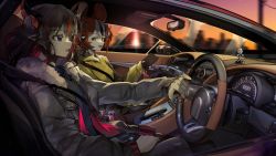 Rule 34 | 2girls, absurdres, alternate costume, animal ears, black jacket, blue eyes, blue shirt, buttons, can, car, car interior, collared shirt, colored skin, crossed bangs, demon horns, denim, drink can, driving, dyed bangs, fangs, fur, gradient hair, hakos baelz, hands on lap, heterochromia, highres, hololive, hololive english, hood, hooded jacket, hoodie, horns, irys (hololive), jacket, charm (object), leather, leather jacket, long hair, motor vehicle, mouse ears, multicolored hair, multiple girls, nose, pants, parted lips, phone, pointy ears, purple eyes, purple hair, red eyes, red hair, seatbelt, shirt, sidelocks, smile, soda, soda can, steering wheel, twintails, virtual youtuber, vyragami, white skin, yellow hoodie