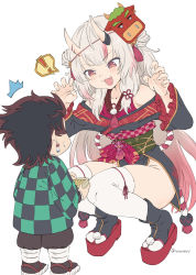 Rule 34 | 1boy, 1girl, aged down, beans, black hair, blush, commentary request, crossover, fang, hair between eyes, height difference, highres, hololive, horns, japanese clothes, kamado tanjirou, kimetsu no yaiba, long hair, nakiri ayame, nakiri ayame (1st costume), open mouth, red eyes, setsubun, silver hair, skin-covered horns, thighhighs, twitter username, vinhnyu, virtual youtuber, white background, white thighhighs