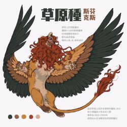 Rule 34 | animal ear fluff, animal ears, blue wings, chinese text, claw pose, claws, color guide, commentary, english commentary, feathered wings, full body, juanmao, lion ears, lion tail, mane, no humans, original, simple background, solo, sphinx, spread wings, tail, text focus, translation request, two-tone wings, white background, wings, yellow wings