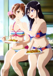 Rule 34 | 2girls, absurdres, alternate hairstyle, bare shoulders, beach, bikini, black hair, blue bikini, blue eyes, breasts, brown hair, chopsticks, cleavage, day, finger to another&#039;s mouth, floral print, flower, food, food on face, food request, glasses, hair between eyes, hair flower, hair ornament, hibike! euphonium, highres, large breasts, legs together, long hair, looking at another, medium breasts, megami magazine, multi-strapped bikini bottom, multi-strapped bikini top, multiple girls, navel, official art, open mouth, oumae kumiko, outdoors, red-framed eyewear, semi-rimless eyewear, short hair, side ponytail, sitting, smile, striped bikini, striped clothes, swimsuit, takahashi mariko, tanaka asuka, teeth, yakisoba