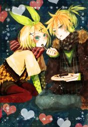 Rule 34 | 1boy, 1girl, :t, argyle, bad id, bad pixiv id, blonde hair, boots, bow, brother and sister, feeding, flower, food, green eyes, hair bow, hair ornament, hairclip, heart, kagamine len, kagamine rin, miyake achi, pantyhose, patterned, polka dot, red pantyhose, scarf, siblings, striped, twins, vertical stripes, vocaloid