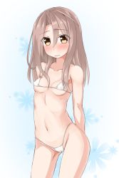 Rule 34 | 1girl, alternate hairstyle, bikini, breasts, brown eyes, brown hair, cameltoe, collarbone, commentary request, contrapposto, cowboy shot, hair down, highres, kantai collection, koda (kodadada), long hair, looking at viewer, micro bikini, navel, one-hour drawing challenge, simple background, small breasts, solo, swimsuit, white background, white bikini, zuihou (kancolle)