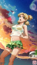 Rule 34 | 1girl, bare arms, bare legs, bare shoulders, belly, bikini, bikini skirt, blonde hair, blue eyes, breasts, cleavage, collarbone, legs, looking at viewer, midriff, naruto (series), naruto shippuuden, navel, official art, open mouth, see-through, see-through shirt, smile, swimsuit, temari (naruto), wet
