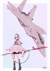 Rule 34 | 1boy, 1girl, aircraft, airplane, black hairband, canopy, cirque du ciel, f-15 eagle, fighter jet, flying, green eyes, hair behind ear, hairband, highres, holding, holding lance, holding polearm, holding weapon, id card, jet, lance, looking to the side, military, military vehicle, nail polish, original, personification, pilot, polearm, red nails, short hair, smile, weapon, white hair