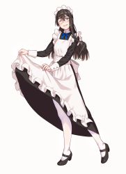 Rule 34 | 1girl, alternate costume, apron, beige background, black dress, black footwear, black hair, blue eyes, blue ribbon, dress, enmaided, frilled apron, frills, full body, hair between eyes, highres, kantai collection, long hair, long sleeves, looking at viewer, maid, maid apron, maid headdress, mary janes, neck ribbon, one eye closed, ooyodo (kancolle), pantyhose, ribbon, shoes, simple background, skirt hold, smile, solo, white apron, white pantyhose, yuuji (and)