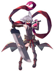 Rule 34 | 1girl, animal ear fluff, animal ears, asymmetrical legwear, bare arms, bare shoulders, black footwear, boots, breasts, brown thighhighs, commentary request, covered mouth, grey hair, grey pantyhose, hair between eyes, highres, holding, holding sword, holding weapon, huge weapon, kuro-ekaki, long hair, looking at viewer, medium breasts, original, outstretched arm, pantyhose, red eyes, scarf, short eyebrows, simple background, single leg pantyhose, solo, sword, thick eyebrows, thighhighs, torn clothes, torn scarf, unaligned ears, weapon, weapon request, white background