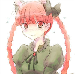 Rule 34 | 1girl, animal ears, braid, cat ears, cat girl, dawy, female focus, hair ribbon, kaenbyou rin, red eyes, red hair, ribbon, simple background, solo, touhou, twin braids, twintails, upper body, white background