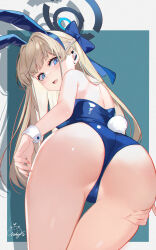 Rule 34 | 1girl, absurdres, animal ears, ass, ass grab, blonde hair, blue archive, blue eyes, blue halo, blue leotard, blush, braid, breasts, commentary, cowboy shot, fake animal ears, fake tail, from behind, grabbing own ass, halo, highres, jiujiuyatou (yayanzz), leaning forward, leotard, long hair, looking at viewer, looking back, medium breasts, official alternate costume, open mouth, rabbit ears, rabbit tail, signature, solo, strapless, strapless leotard, tail, thighs, toki (blue archive), toki (bunny) (blue archive), wrist cuffs