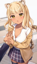 Rule 34 | 1girl, animal ears, blonde hair, blurry, blurry background, blush, breasts, button gap, cardigan, cleavage, collarbone, collared shirt, fang, gyaru, hair intakes, hand on another&#039;s chest, highres, kawagami raito, kogal, leopard ears, leopard girl, leopard tail, long hair, long sleeves, looking at another, medium breasts, off shoulder, open cardigan, open clothes, open mouth, original, plaid, plaid skirt, pleated skirt, shirt, skirt, solo, tail, tan, thighhighs, yellow eyes, zettai ryouiki