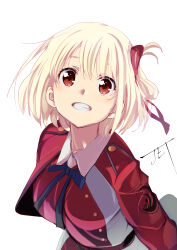 Rule 34 | 1girl, absurdres, blonde hair, blue ribbon, breasts, clenched teeth, from above, hair ribbon, highres, jacket, jet yowatari, large breasts, looking at viewer, lycoris recoil, nishikigi chisato, one side up, red eyes, red jacket, red ribbon, ribbon, school uniform, short hair, signature, smile, solo, teeth, upper body, white background