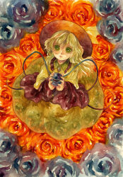 Rule 34 | 1girl, blue flower, blue rose, bow, flower, green eyes, green hair, hat, hat bow, heart, heart-shaped pupils, komeiji koishi, matching hair/eyes, md5 mismatch, painting (medium), resolution mismatch, rose, shiroma (mamiko), solo, source smaller, symbol-shaped pupils, third eye, touhou, traditional media, watercolor (medium), wide sleeves