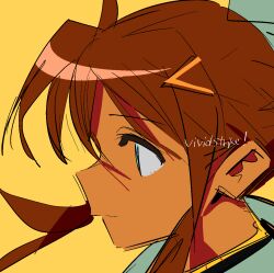 Rule 34 | 1girl, bad id, bad twitter id, blue eyes, brown hair, closed mouth, commentary request, copyright name, dark-skinned female, dark skin, from side, fuka reventon, hair ornament, highres, kerorira, long hair, lyrical nanoha, portrait, profile, solo, vivid strike!, yellow background