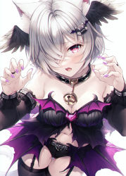 Rule 34 | 1girl, absurdres, animal ear fluff, animal ears, babydoll, bare shoulders, bell, black collar, black panties, black thighhighs, blush, breasts, buckle, cat ears, cat hair ornament, cat tail, claw pose, collar, collarbone, commentary request, cowboy shot, detached sleeves, dutch angle, fang, feathered wings, garter straps, hair ornament, hair over one eye, hands up, hasumi (hasubatake39), head wings, heart, heart-shaped buckle, highres, jewelry, jingle bell, kuon (hasumi (hasubatake39)), long sleeves, looking at viewer, medium breasts, midriff, nail polish, navel, neck bell, original, panties, pink eyes, purple nails, ring, short hair, silver hair, simple background, solo, standing, tail, thighhighs, underwear, white background, wings