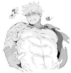Rule 34 | 10s, 1boy, abs, armor, arms behind back, blush, granblue fantasy, greyscale, large pectorals, looking down, male focus, monochrome, muscular, nabana (bnnbnn), nipples, one eye closed, pectorals, short hair, simple background, solo, sweat, teeth, torn clothes, upper body, vane (granblue fantasy), white background
