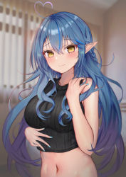 Rule 34 | 1girl, absurdres, ahoge, alternate costume, bare arms, bare shoulders, black sweater, blue hair, blue nails, blurry, blurry background, blush, braid, breasts, cleavage, cropped sweater, depth of field, elf, fingernails, gradient hair, hair between eyes, half updo, heart, heart ahoge, highres, hololive, indoors, long fingernails, long hair, looking at viewer, mito soosu, multicolored hair, nail polish, navel, pointy ears, purple hair, sleeveless, sleeveless sweater, smile, solo, stomach, streaked hair, sweater, upper body, very long hair, virtual youtuber, wavy hair, yellow eyes, yukihana lamy