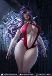 Rule 34 | 1girl, alternate costume, arms at sides, bare shoulders, bat (animal), breasts, camilla (fire emblem), center opening, commentary, cosplay, curly hair, english commentary, fire emblem, fire emblem fates, gumroad logo, gumroad username, hair ornament, hair over one eye, highleg, highleg leotard, highres, indoors, large breasts, legs together, leotard, lips, long hair, looking at viewer, luminyu, mole, mole on breast, nail polish, navel, nintendo, parted lips, patreon logo, patreon username, purple hair, red eyes, red leotard, red nails, solo, standing, stomach, strapless, strapless leotard, thigh gap, thighs, tiara, twitter logo, twitter username, vampirella (character), vampirella (character) (cosplay), watermark, web address
