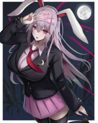 Rule 34 | 1girl, absurdres, animal ears, bamboo, bamboo forest, blazer, breasts, buttons, chronoka, crescent, crescent pin, forest, hair between eyes, highres, imperishable night, jacket, large breasts, light blush, light purple hair, long hair, looking at viewer, moon, nail polish, nature, necktie, open mouth, pink nails, pink skirt, pleated skirt, rabbit ears, red eyes, red neckwear, reisen udongein inaba, shirt, skirt, touhou, v, white shirt