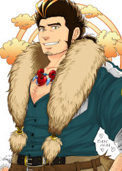 Rule 34 | 1boy, bara, bare pectorals, belt, brown hair, chest hair, facial hair, green shirt, hairy, halo, halo behind head, highres, jewelry, large pectorals, long sideburns, looking at viewer, magatama, magatama necklace, male focus, multicolored hair, muscular, muscular male, necklace, partially unbuttoned, pectoral cleavage, pectorals, shirt, short hair, sideburns, solo, spiked hair, streaked hair, stubble, thick eyebrows, tokyo houkago summoners, upper body, yamasachihiko (housamo), yon yon (shikawafu)