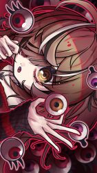 Rule 34 | 1girl, :o, black sweater, brown eyes, brown hair, chain necklace, emo fashion, eye gouge, eyeball, guro, hair over one eye, highres, holding eyeball, hololive, hololive english, horror (theme), jewelry, looking at viewer, nanashi mumei, nanashi mumei (emo), necklace, one side up, open mouth, pupingai, purple eyes, red eyes, red sweater, striped clothes, striped sweater, sweater, two-tone sweater, virtual youtuber