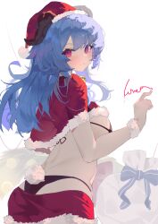 Rule 34 | 1girl, absurdres, ass, blue hair, breasts, commentary, cowboy shot, fake tail, fur-trimmed skirt, fur trim, ganyu (genshin impact), genshin impact, hat, highres, horns, long hair, looking at viewer, medium breasts, purple eyes, rabbit tail, red hat, red skirt, santa hat, skirt, skirt set, solo, standing, tail, white background, yamasede neiko