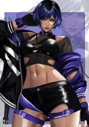 Rule 34 | 1girl, arm behind head, belt collar, black gloves, black sports bra, bra over clothes, choker, collar, colored tips, fingerless gloves, gloves, highres, jacket, kittymiya, looking at viewer, multicolored clothes, multicolored hair, multicolored jacket, navel, off shoulder, pantyhose, partially unzipped, purple jacket, reina (tekken), see-through, see-through shirt, solo, sports bra, standing, tekken, tekken 8, two-tone jacket, zoom layer