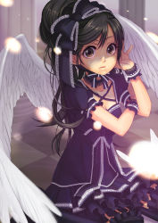Rule 34 | 1girl, black hair, brown eyes, checkered floor, choker, dress, feathered wings, floor, gothic lolita, hair ribbon, lace, lace-trimmed dress, lace trim, lolita fashion, long hair, looking at viewer, original, perspective, ribbon, solo, surprised, takanashi kana, thighhighs, white wings, wings, wrist cuffs, zettai ryouiki