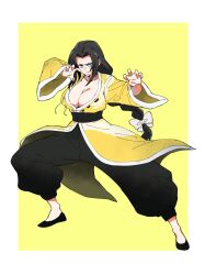 Rule 34 | 1girl, apollo (pixiv884782), black hair, braid, breasts, brown eyes, chinese clothes, cleavage, clenched hands, fighting stance, gato (snk), genderswap, genderswap (mtf), highres, jacket, large breasts, long hair, long sleeves, pectoral cleavage, pectorals, shoes, slippers, the king of fighters, the king of fighters xv