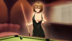 Rule 34 | 8-ball, absurdres, artist name, ball, billiard ball, black dress, blurry, blurry background, breasts, brown eyes, brown hair, closed mouth, commission, cue stick, dreizerel, dress, hair between eyes, hair ornament, hairclip, highres, hirasawa yui, holding cue stick, indoors, k-on!, medium breasts, nipples, no bra, pool table, presenting, short hair, sleeveless, sleeveless dress, smile, spaghetti strap, table, watermark