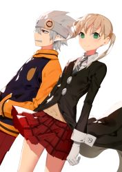 Rule 34 | 00s, 1boy, 1girl, coat, dutch angle, gloves, green eyes, hands in pockets, headband, highres, letterman jacket, looking at viewer, maka albarn, necktie, plaid, plaid skirt, ronopu, sharp teeth, silver hair, skirt, smile, soul eater, soul evans, teeth, twintails, white gloves, wind