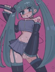 Rule 34 | 1girl, @ @, absurdres, adapted costume, bare shoulders, black thighhighs, blue eyes, blue hair, blue nails, breasts, choker, clothes pull, collarbone, crop top, detached sleeves, female masturbation, garter straps, grey skirt, hatsune miku, highres, holding, holding microphone, large breasts, long hair, long sleeves, looking at viewer, masturbation, microphone, nail polish, navel, parted lips, resupuburika, skirt, skirt pull, solo, thighhighs, triangle mouth, twintails, vocaloid