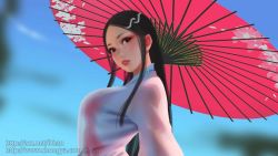 Rule 34 | 1girl, black hair, blue sky, blush, breasts, d-han, floral print, from side, hair ornament, holding, holding umbrella, large breasts, lipstick, long hair, long sleeves, makeup, oil-paper umbrella, original, profile, see-through, sidelocks, sky, snake hair ornament, solo, umbrella, upper body, wide sleeves
