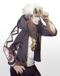 Rule 34 | 1boy, arm tattoo, black hair, black jacket, black pants, commentary request, creatures (company), eyeshadow, eyewear on head, game freak, guzma (pokemon), hand on own hip, highres, hood, hooded jacket, jacket, jewelry, makeup, male focus, multicolored hair, necklace, nintendo, no-kan, pants, parted lips, pokemon, pokemon sm, shirt, short sleeves, simple background, solo, sunglasses, tattoo, team skull, two-tone hair, undercut, white background, white hair, white shirt, yellow-framed eyewear