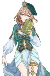 Rule 34 | 1girl, absurdres, beret, blue flower, blue rose, book, braid, breasts, brown hair, capelet, closed mouth, commentary, cowboy shot, dress, eyelashes, flower, genshin impact, gold trim, green capelet, green eyes, green hat, hair between eyes, hat, highres, holding, holding book, jewelry, light smile, lisa (a sobriquet under shade) (genshin impact), lisa (genshin impact), long sleeves, looking at viewer, medium breasts, medium hair, neck ring, official alternate costume, pelvic curtain, rose, simple background, skirt hold, smile, solo, standing, thighlet, twin braids, white background, white dress, yamabuki0211