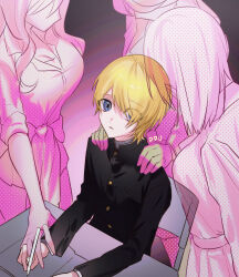 Rule 34 | 1boy, 3girls, black jacket, blonde hair, blue eyes, breasts, cardigan, cardigan around waist, chair, cleavage, clothes around waist, commentary request, ddu 45, gakuran, hair over one eye, halftone texture, hands on another&#039;s shoulders, highres, holding, holding pen, jacket, kamiki hikaru, korean commentary, large breasts, long hair, long sleeves, looking at viewer, medium hair, multiple girls, oshi no ko, parted lips, pen, people, pleated skirt, school uniform, short hair, sitting, skirt, star-shaped pupils, star (symbol), symbol-shaped pupils