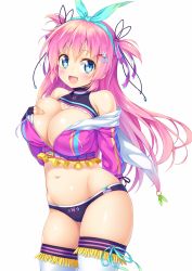 Rule 34 | 1girl, arm behind back, bare shoulders, blue eyes, blush, breasts, cleavage, cowboy shot, flame athlete hana, groin, highres, kazuma (kazumav), large breasts, long hair, looking at viewer, lord of walkure, navel, open mouth, pastel colors, pink hair, simple background, skindentation, smile, solo, thighs, white background
