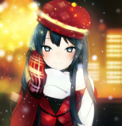 Rule 34 | 1girl, black eyes, black hair, blurry, depth of field, hand on own cheek, hand on own face, hat, light smile, long hair, looking at viewer, lpip, mittens, original, scarf, smile, snowing, solo, tsurime, white scarf