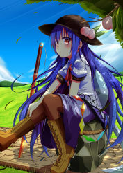 Rule 34 | 1girl, absurdres, black pantyhose, blue hair, blush, boots, brown pantyhose, cloud, cross-laced footwear, day, female focus, food, fruit, hat, highres, hinanawi tenshi, keystone, knee boots, lace-up boots, long hair, looking at viewer, pantyhose, path, peach, planted, planted sword, planted weapon, red eyes, road, shade, sitting, sky, solo, sword, sword of hisou, touhou, very long hair, wakagi repa, weapon